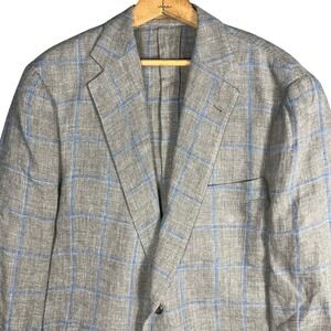 Proper Cloth Blazer Mens 50 Brown Blue Windowpane Solbiati 100% Linen Sport Coat